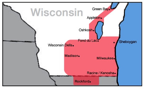 Appliance repairs in Wisconsin service area map. Waukesha County an surrounding areas.